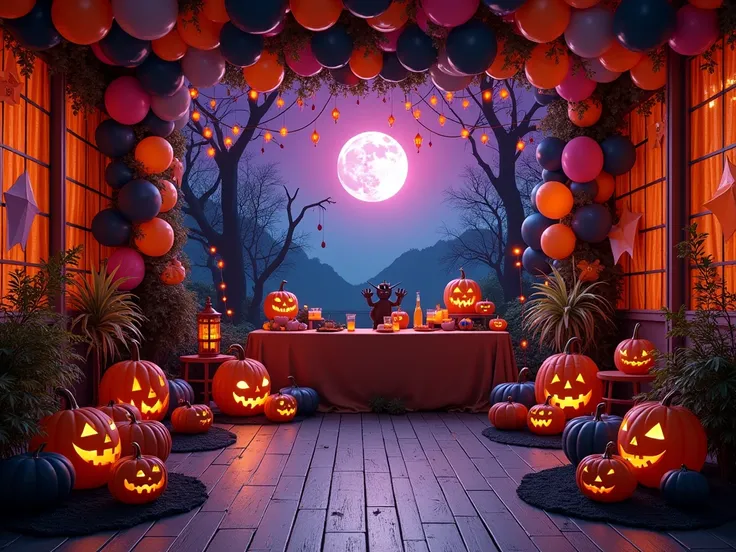 Decorated party spaces: Halloween-themed backdrops with balloons, lights, and themed accessories. --ar 16:9
