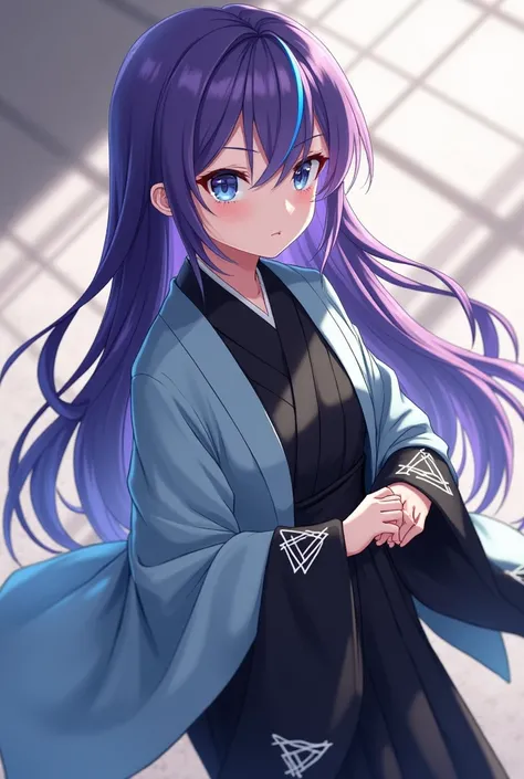 Attractive game girl with purple long hair 、 
Turn a section of the side of the bangs blue.　
 blue highlights on the side of her bangs 　Part of the bangs is blue　　 blue kimono with white triangular pattern on the cuffs　Light blue kimono coat
black hakama a...