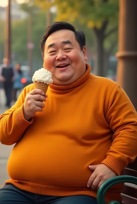 Big fat Asian man wearing orange turtleneck shirt eating ice cream