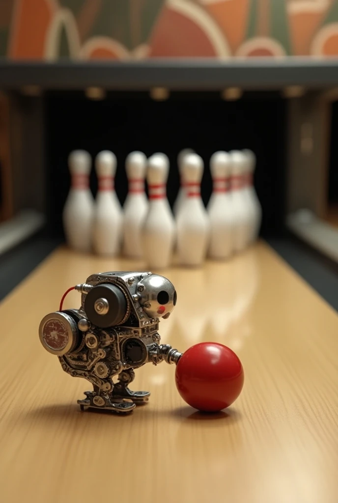 Tiny bowling machine push a bowling ball to the bowling pin direction but fail to hit any of the bowling pin.