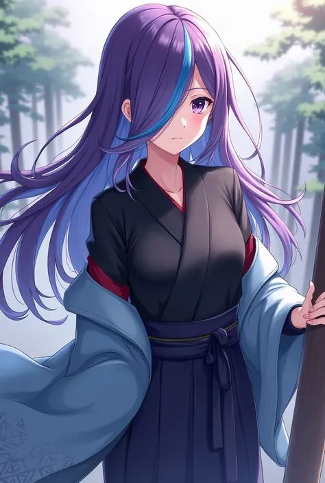 Attractive game girl with purple long hair 、 
Turn a section of the side of the bangs blue.　
 blue highlights on the side of her bangs 　Part of the bangs is blue　　 blue kimono with white triangular pattern on the cuffs　Light blue kimono coat
black hakama a...