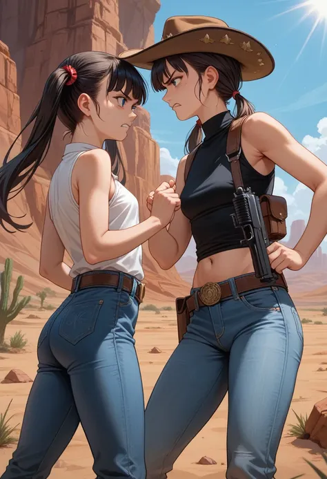 (best quality, 4k, 8k, highres, masterpiece:1.2), 2girls, looking at each other, same height, small girls, young girls, angry, small breasts, twintails, bangs, cowboy hats, sleeveless tops, denim skirt, denim jeans, leather belts, belt buckles, bare should...