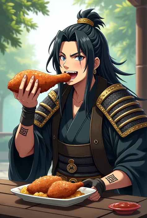 An anime samurai hero eating a big chicken leg with a happy face