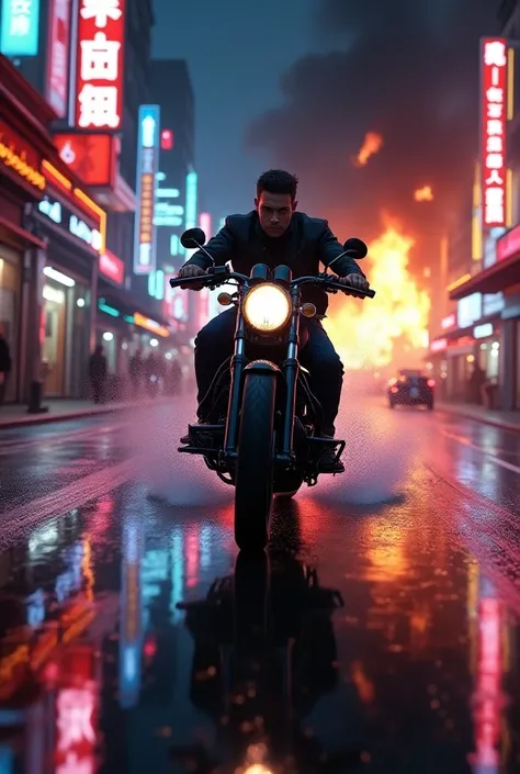 A wide, neon-lit boulevard at night, with vibrant shop signs and bright lights reflecting off the wet pavement. The man on the black motorcycle speeds down the road, leaving the chaos of the alley behind. His face is serious, visible through his helmet as ...