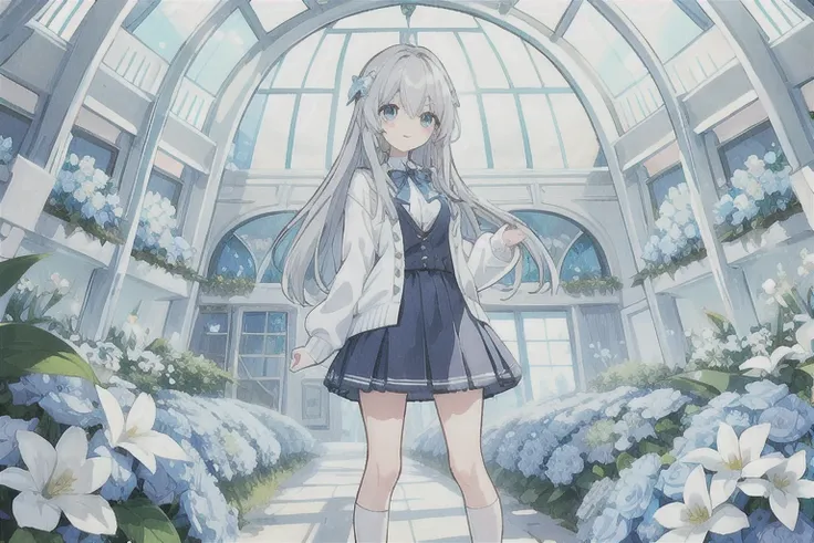 Gray hair、Very long hair · side tail on the right side · eyes of a different color 、Left eye is light blue、 right eye is gray · small breasts · white blouse · large collar · light blue cardigan · light blue ribbon on the sleeve of the cardigan · light gray...