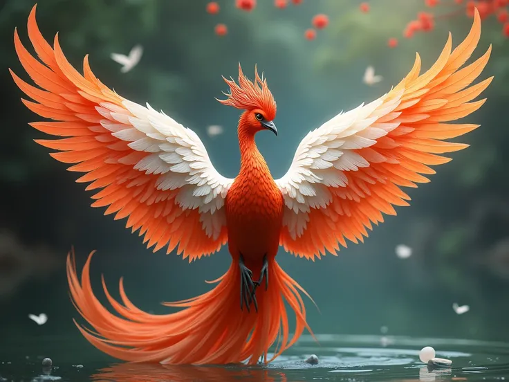  Front view of a traditional phoenix bird in a bow-headed position。 The wings of the phoenix spread out symmetrically ， The feather is flowing ，Beautiful tail feathers ， conveys elegance and dynamism 。 The head has an intricate crown and fine-textured feat...