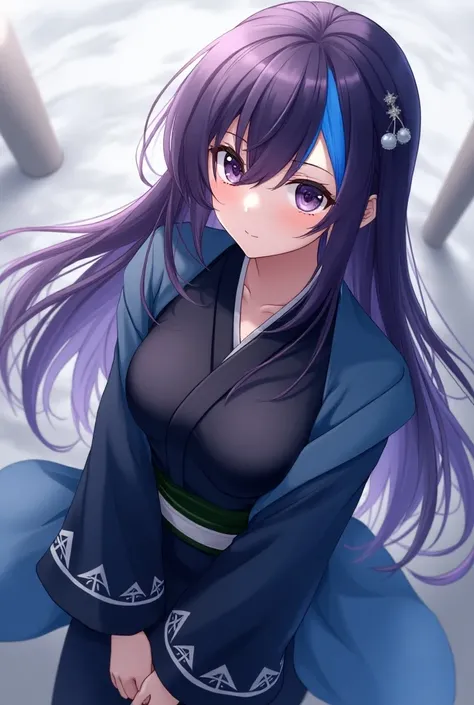 Attractive game girl with purple long hair 、 
Turn a section of the side of the bangs blue.　
 blue highlights on the side of her bangs 　Part of the bangs is blue　　 blue kimono with white triangular pattern on the cuffs　Light blue kimono coat
black hakama a...