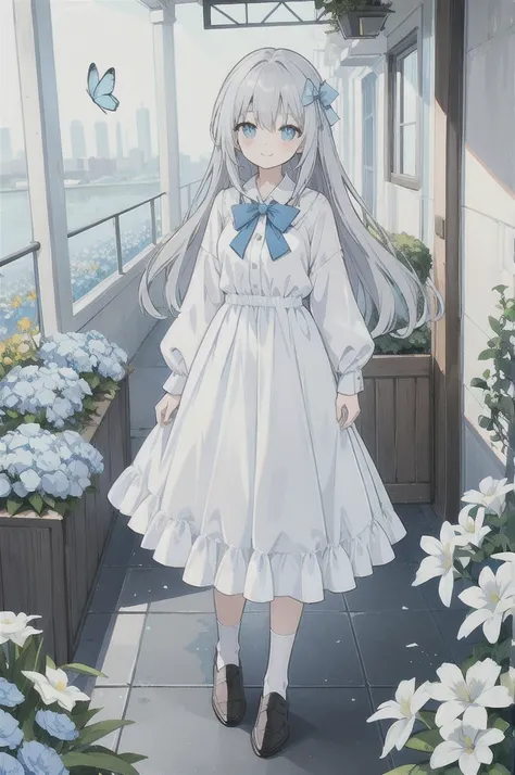 Gray hair、Very long hair · side tail on the right side · eyes of a different color 、Left eye is light blue、 right eye is gray · small breasts · white blouse · large collar · light blue cardigan · light blue ribbon on the sleeve of the cardigan · light gray...