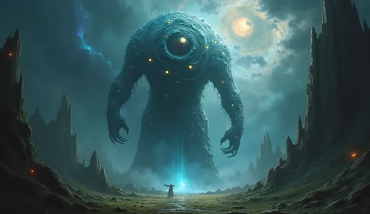 In the depths of a shadowy, otherworldly landscape, the cosmic entity Yog-Sothoth looms, a swirling mass of iridescent spheres and shifting forms. The air is thick with an unsettling mist, illuminated by an eerie, otherworldly glow that casts long, distort...