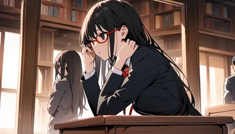 （masterpiece, Best Quality:1.2)、One person、 high school girl、Black Hair、long hair、Black Eyes、empty eyes、 slender、(Glasses)、黒いschool uniform, 黒のmiddle breast, blazer,  red ribbon、close mouth、no expression、Large desk、 Sitting on a Wooden Chair 、Library、study...