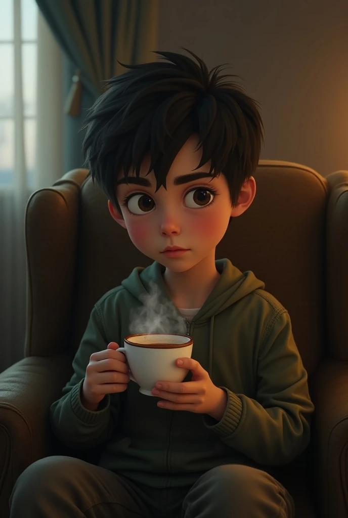 A boy sitting on chair while holding a cup of tea