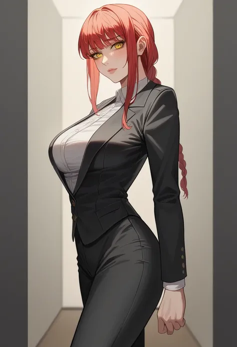 Medium and round breasts, she is a beautiful woman ((Makima)), (red hair, loose braid, with bangs and shine), double eyelids, yellow eyes, and detailed, hyper detailed, light effect on the eyes, detailed irises , sensual body, ((black suit, blouse, black p...