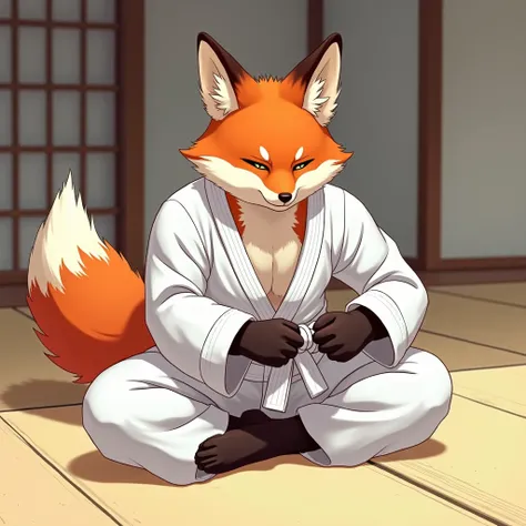 Anime art ,white belt furry male red fox  wearing a White  Jiu Jitsu gi tying his white belt in tatami 