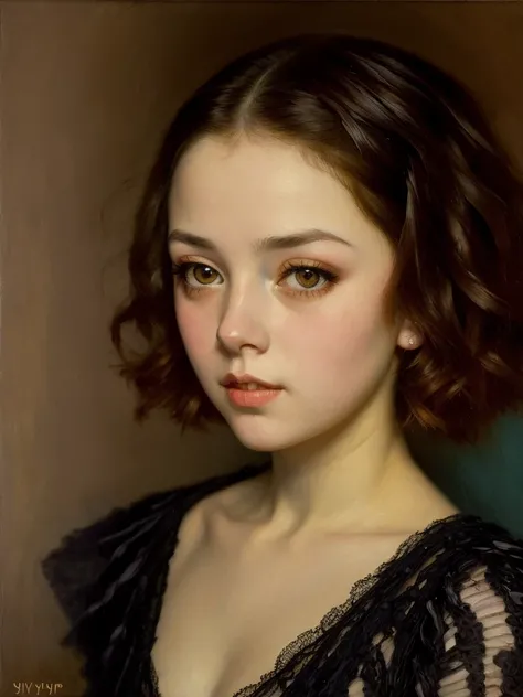 [front portrait] [black studio] 1 Young dreamy girl with big eyes and short red hair ((ilya repin style)), (( oil painting )), A very colorful  ,  highest detail, ((masterpiece)),
 ((Single shot)), impression, perspective, 8 k