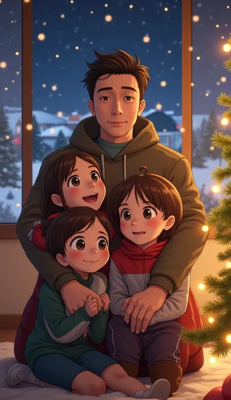 (Masterpiece, high quality, high definition, 4K, 8k,（（ anatomically correct human body 、Detailed face））、detail、）、Christmas Night、Take a commemorative photo of a family of 5 next to their Christmas tree、 cool dad and cute mom 、（ cute middle school student 1...