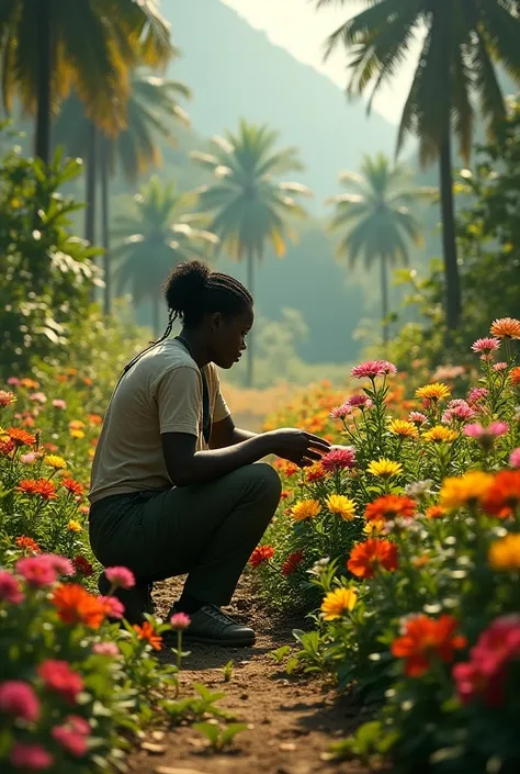 Do a gardener in Africa where you cant see his face planting flowers 