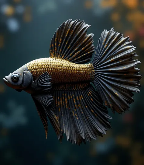 A spectacular, high-definition image of a black and gold betta fish with Gustav Klimt-inspired detailing. The fish features intricate, golden accents and swirling patterns across its body, mimicking Klimt’s ornate style. Its fins are immense, like billowin...