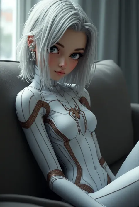 ( Extreme detail CG Unity 8K wallpaper, masterpiece,  top quality), ( exquisite lighting and shade ,  highly dramatic photo ,  cinematic lens effect ), a girl in a white Spider-man costume, silver gray hair color, from the Spider-man parallel universe, wen...