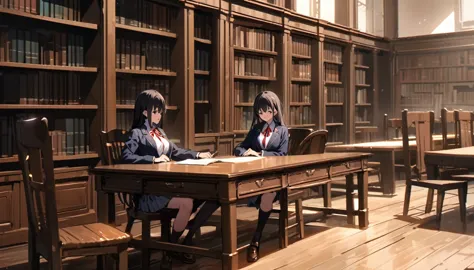 （masterpiece, best quality:1.2)、黒いschool uniform, skirt、黒のmiddle breast, blazer,  red ribbon、large desk、under the desk、(stretch ...