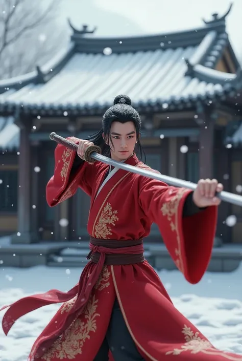  A Man in Red Chinese Antique Clothing in Front of a Snow-Flowing Chinese Ancient House ，有一個身著紅色中國古代服飾的男人，A man wearing a red ancient Chinese costume ，Holding a long sword，3D Animation Style 