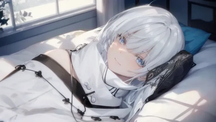  White Hoodies 、 black shirt、Ultra HD, look at viewers , and, 20 years old, 非常に short hair,  long bangs between eyes, Pale blue eyes,  very detailed,(masterpiece、Best Quality),Gray Hair、Laughter、 amazing,  Silver Hair, iris, Small face、明るいsmile、( detailed ...