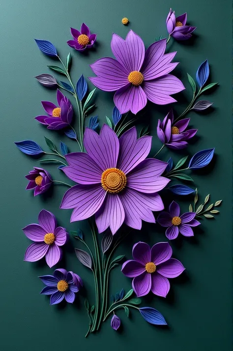 Purple floral quilling design on textured dark green paper 