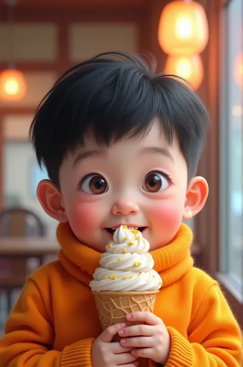 Big Asian boy wearing orange turtleneck shirt eating ice cream