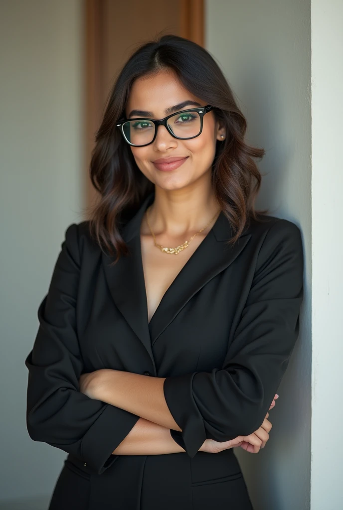 24 years old Pakistani girl wearing formal dress and glasses posting for LinkedIn 