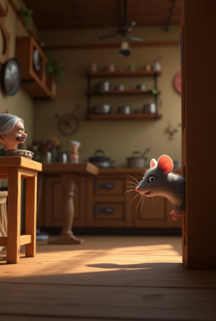 In 3d animation style "A mouse cautiously peeking out from a hole in the wall of a rustic kitchen. The mouse watches a butcher and his wife pulling a mousetrap out of a sack, while the kitchen background includes shelves, pots, and wooden furniture, creati...