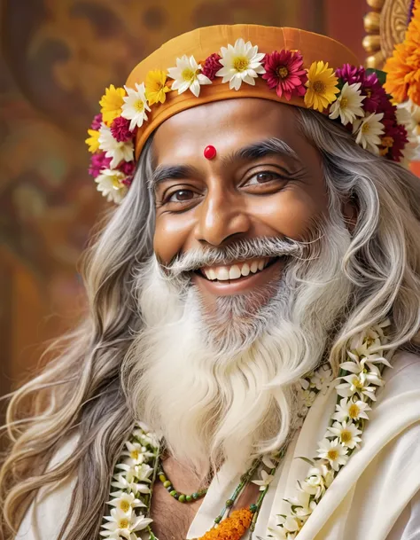 (((Masterpiece))), Best Quality,High-resolution photograph,realistic perspective,realistic hyper-detailed portraits, Create a high-definition, a portrait of Jagadish Vasudev,(((Jagadish Vasudev 1.5))), wearing flower garland around his neck, Indian yogi kn...