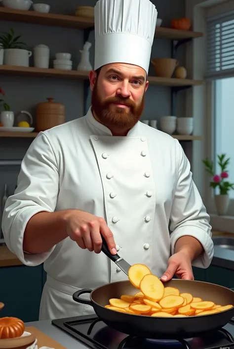 Show George crum(age 30 years) with white kitchen wear and chef hat and neat french type beard, brownie color as he fries the thin potato slices.