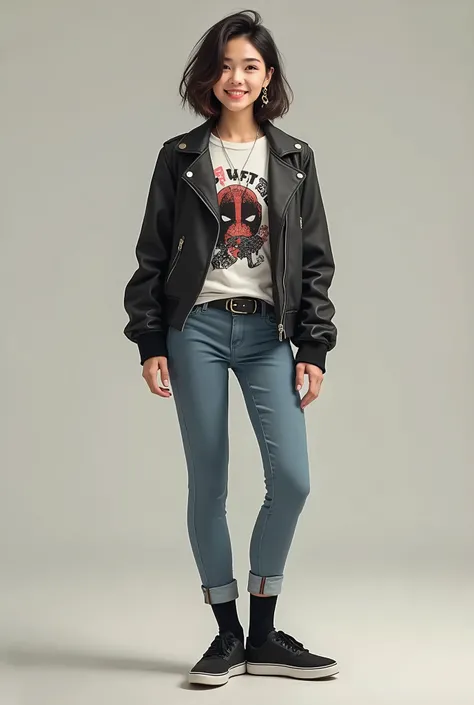 neat Japanese woman、、Ear piercing、Leather jacket、smile、 starwars shirt,, likes Star Wars, marvel and skateboarding, all interests should be inclouded, she should wear something deadpool or Spider-Man themed, a whole body shot with a neutral background 、Ski...