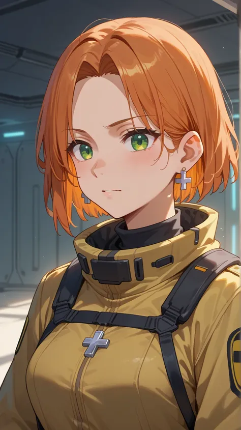 An anime girl with wavy, mid-length orange hair and green eyes, dressed in a dark gray and yellow tactical suit with a high collar and gloves. She has a small red ribbon tied around her neck and wears silver cross earrings. She’s looking out from a spacesh...