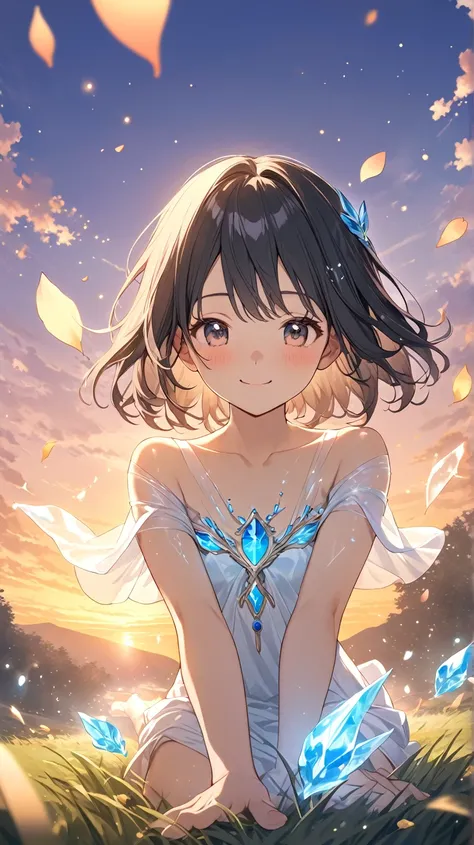 1 girl, ( cute face),  Gentle Smile ,  medium hair,  Crystal Enchantment Robe in a Fantasy World,  small breasts, Arms outstretched position,  Pottery Skin , break, Grassland at dusk, Soft Light, ( Fantastic Atmosphere :1.3),  Magical Energy , break,  peta...