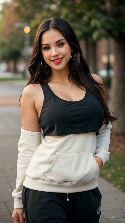 A half body photo of a attractive woman 20 y.o., SFW, , (:1.1),
Sweatpants and sweatshirt, Maven, Tall, Athletic, Triangular Face, Fair Skin, long black Hair, brown Eyes, [[Curved Nose]], Thick Lips, Round American, Instagram model, cheerful smile, big bre...