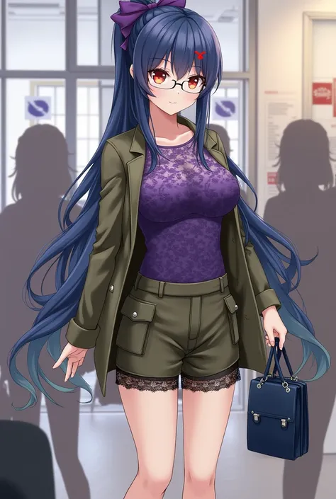  Dark Blue Long Ponytail with Purple Bow 、 Different Color Eyes （Left red、Right olive green）、 Silver Frame Glasses 、whole body義肢、 Purple Lace Blouse with Black Lace Shorts、 Army Green Military Coat、 Black Womens Leather Shoes 、 Carry a Dark Blue Lace Pain ...