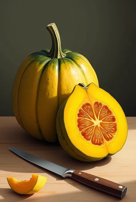 { illustration }
there is an uncut yellow-green pumpkin on the table. next to it there is a piece of pumpkin that reveals its contents. a knife was also seen on the table. Draw the situation from close-up with an emphasis on texture, shape and color