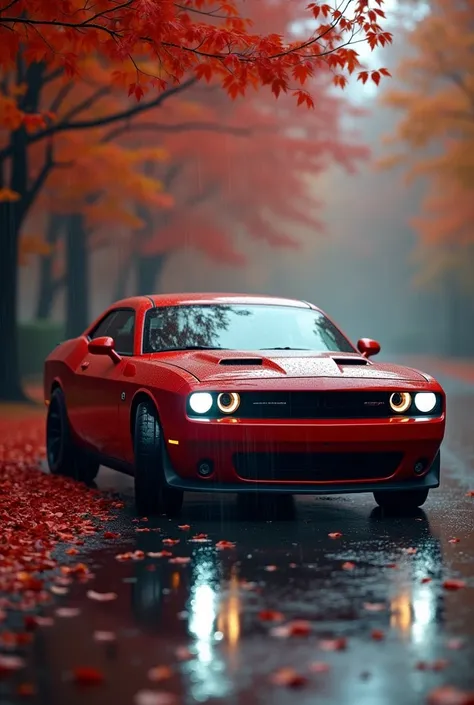 A sleek and powerful muscle car, resembling a Dodge Challenger, parked on a wet, reflective asphalt road under a canopy of vibrant red and orange autumn trees. The cars glossy, deep red finish is highlighted by faint rain droplets, creating a slightly mist...