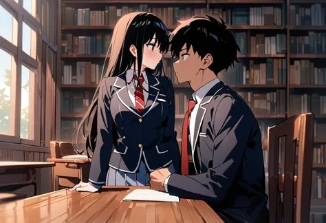 （masterpiece, Best Quality:1.2)、One person、 High School Boys、Black Hair、黒いschool uniform, 黒のmiddle breast, blazer,  red tie 、Large desk、 Sitting on a Wooden Chair 、Library、study、(Man Facing Each Other)、 side view、Super Long Shot