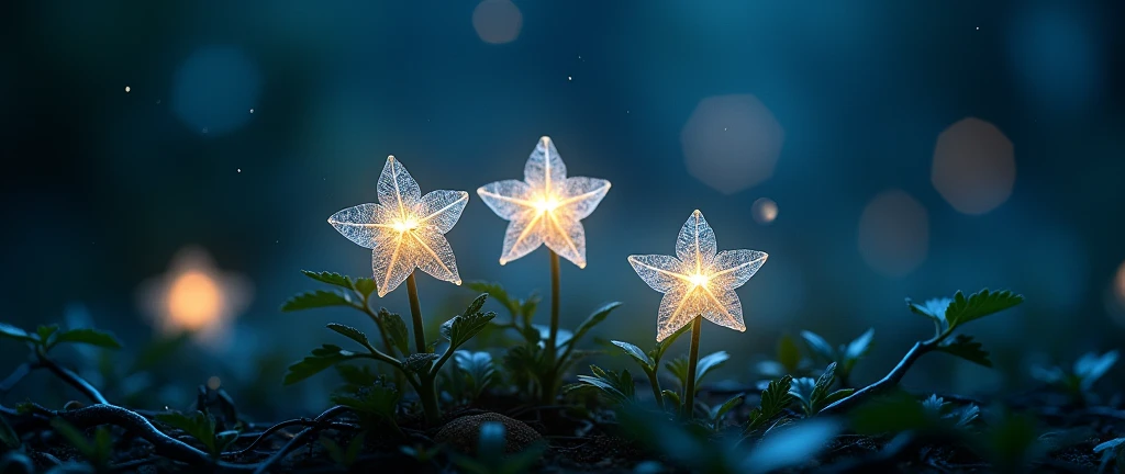 Small vines  ,   star-shaped flowers glow faintly in the dark  .   flowers only bloom at night  ,   shine even more in starlight