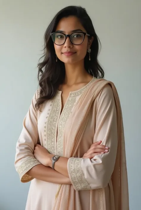 24 years old Pakistani girl wearing formal loose kurta with dupatta and glasses posting for LinkedIn 