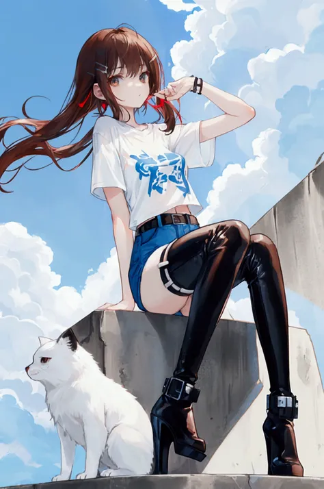 whole body,Cool beautiful girl, Slim Body 、 SOFT WHITE COAT,Sky Blue T-Shirt、 black hotpants,Leather boots、Cool Summer,Slightly pale skin,Bright brown eyes,Red brown hair color(Semi-D), hairpin