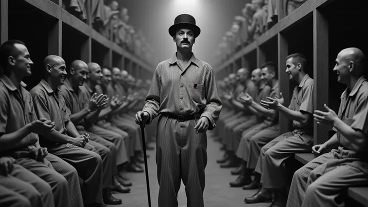 black and white Silent-era style photo of a prisoner in 1942 prison camp wearing a loose vertical stripes prison uniform doing an impression of Charlie Chaplin mime show with a small mustache and a bowler hat, holding a walking cane,  in the center of a cr...