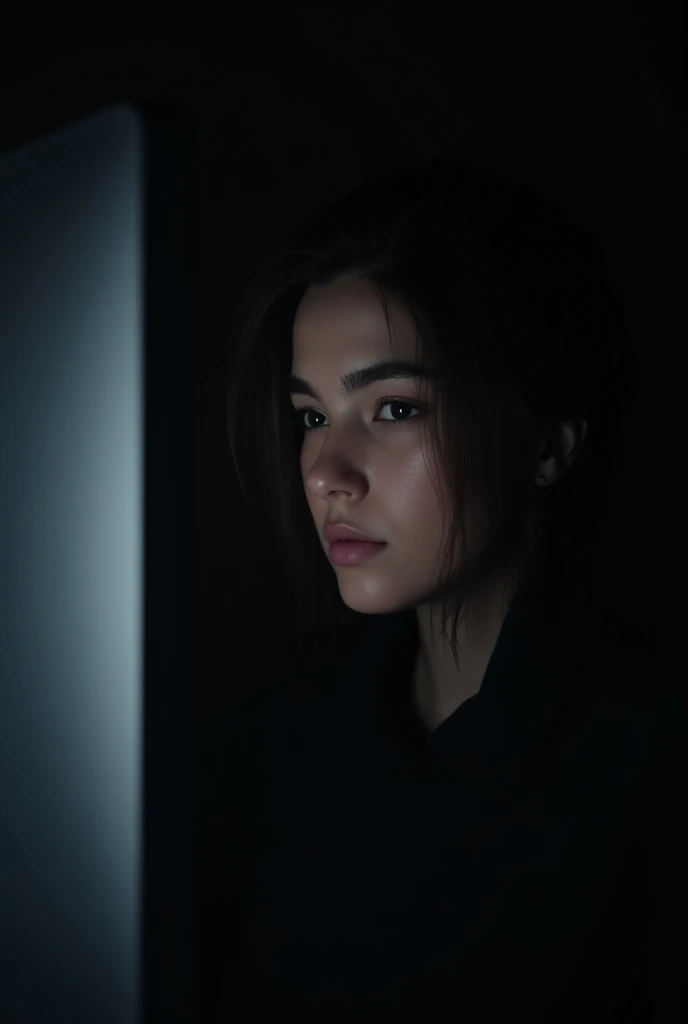 Female character whose face is reflected in the light from the computer in a dark room