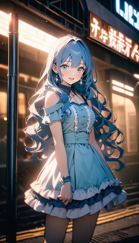 (8k,  RAW photos from the last century, 最 High Quality , masterpiece:1.2),   High Quality のRAWカラー写真 , Professional photo shoot, Cinematic Light, Alone, ((( 1 girl))),  blue hair, Long Hair,  wavy hair in front of the station,  blue eyes,  jewelry,  earring...