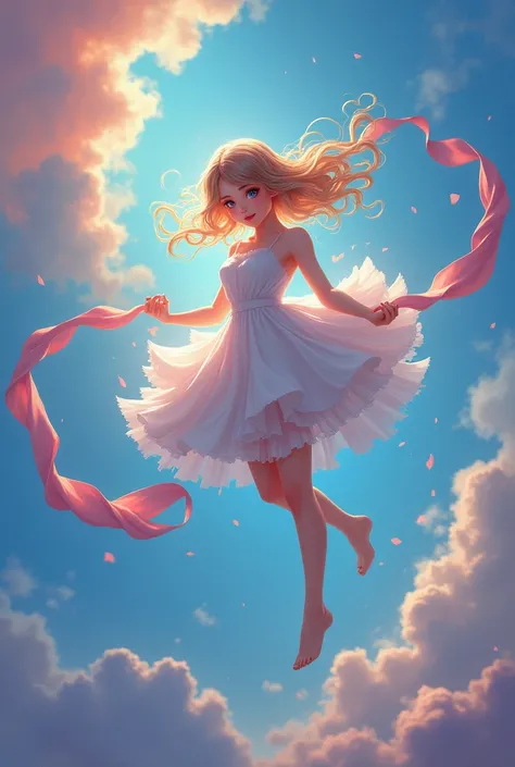 _james jean, floating female figure made of ribbons, smoke, in the sky, colorful and vibrant, mystical colors, contemporary impressionism, yanjun cheng portrait painting, iridescent painting, 3/4 perspective view, cute face, low angle, sweeping circling co...