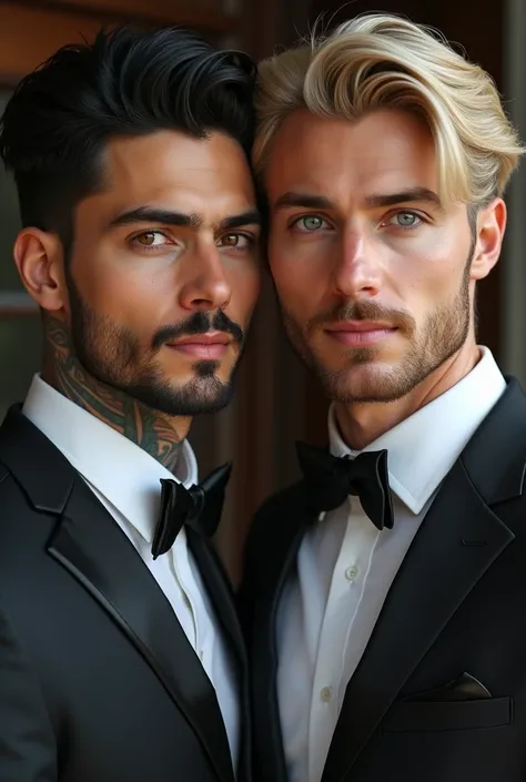  realistic style , Man in his mid-20s, with black hair and amber eyes, a neck tattoo and in formal dress with beard shadows with his husband the same outfit but light blonde with blue-gray eyes.