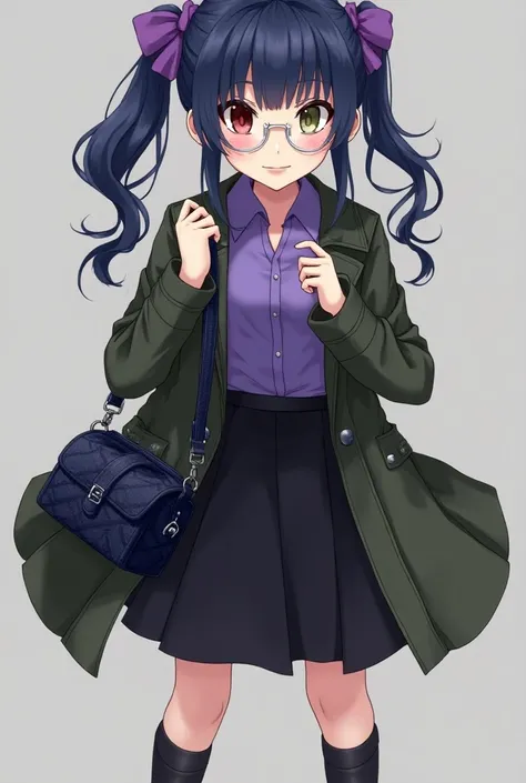  Dark Blue Long Ponytail with Purple Bow 、 Different Color Eyes （Left red、Right olive green）、 Silver Frame Glasses 、whole body義肢、Purple Mens Shirt with Black Lace and Knee Length Skirt、 Army Green Military Coat、 Black Womens Leather Shoes 、 Carry a Dark Bl...