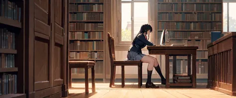 （masterpiece, Best Quality:1.2)、黒いschool uniform, skirt、黒のmiddle breast, blazer,  red ribbon、Large desk、Under the desk、(Stretch your legs out in front of you）、 black socks 、 Sitting on a Wooden Chair 、Library、Man Facing Each Other、 side view、Super Long Sho...