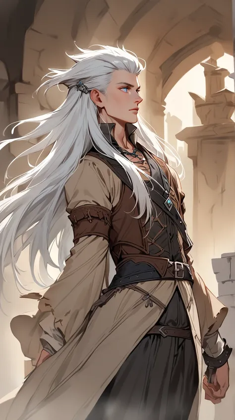 Western Fantasy，A young man with long hair， light blue eyes ， white hair ，side view，Wear court attire